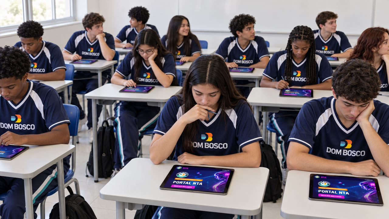 Alunos do Dom Bosco estudando Tecnologia IA com tablets em sala de aula